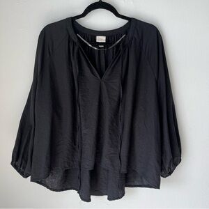 A new day Linen Blend High Low Top Blouse Black Boho Raglan Sleeve Tie Neck Sz L
